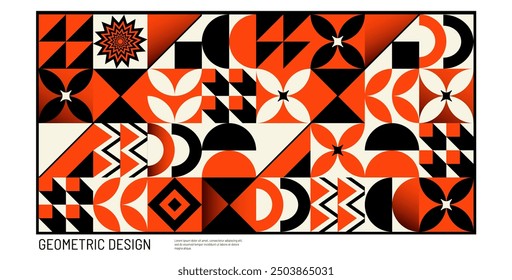 Abstract poster design template. The pattern in Bauhaus style with geometric shapes in black and red colors. Interior posters, invitation, cover, placard, brochure.
