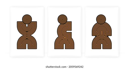 Diseño de afiches abstractos, vector. Diseño artístico de paredes. Diseño de afiches en tres piezas. Silueta humana en diferentes puestos, vector. 