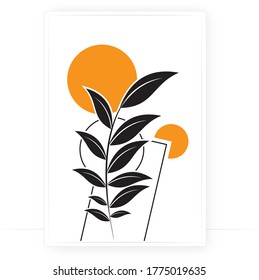 Diseño de afiches abstractos, vector. Rama con hojas silueta y sol, ilustración. Arte mural, arte. Diseño de afiches florales