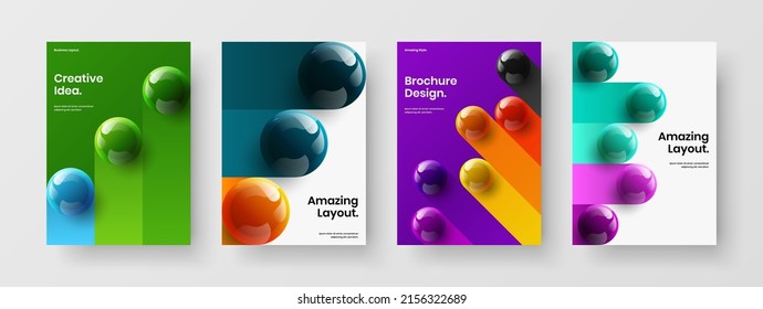 Abstract poster design vector concept set. Multicolored realistic spheres handbill layout collection.