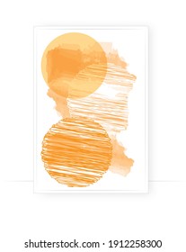 Abstract poster design, vector. Watercolor abstract paint design. Wall art, artwork. Artistic colorful brush background. Yellow circles. Sun illustration. 