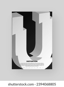 Abstract poster design. Vertical A4 format. Refraction and distorted 3d letter. Chopped, cut, glitch, broken type composition.