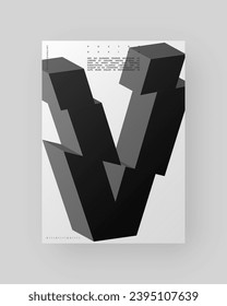 Abstract poster design. Vertical A4 format. Refraction and distorted 3d letter. Chopped, cut, glitch, broken type composition.