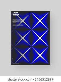 Abstract poster design. Vertical A4 format. Blue, black, white composition. Geometry minimal neon illustration.