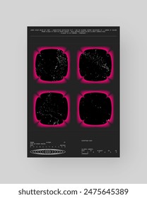 Abstract poster design. Vertical format wall art, interior mockup. Magenta, white, black composition. Geometric neon illustration with space and y2k style elements. 