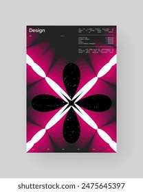 Abstract poster design. Vertical format wall art, interior mockup. Magenta, white, black composition. Geometric neon illustration with space and y2k style elements. 