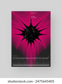 Abstract poster design. Vertical format wall art, interior mockup. Magenta, white, black composition. Geometric neon illustration with space and y2k style elements. 