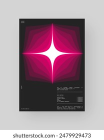 Abstract poster design. Vertical format wall art, interior mockup. Magenta, white, black composition. Geometric neon illustration with space and y2k style elements.