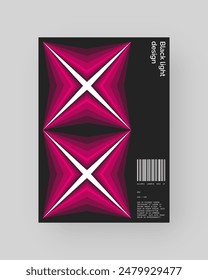 Abstract poster design. Vertical format wall art, interior mockup. Magenta, white, black composition. Geometric neon illustration with space and y2k style elements.