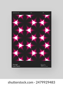 Abstract poster design. Vertical format wall art, interior mockup. Magenta, white, black composition. Geometric neon illustration with space and y2k style elements.