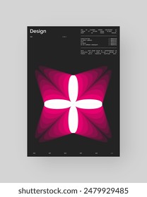 Abstract poster design. Vertical format wall art, interior mockup. Magenta, white, black composition. Geometric neon illustration with space and y2k style elements.