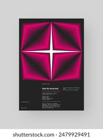 Abstract poster design. Vertical format wall art, interior mockup. Magenta, white, black composition. Geometric neon illustration with space and y2k style elements.