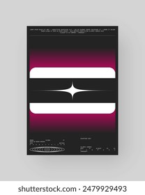 Abstract poster design. Vertical format wall art, interior mockup. Magenta, white, black composition. Geometric neon illustration with space and y2k style elements.