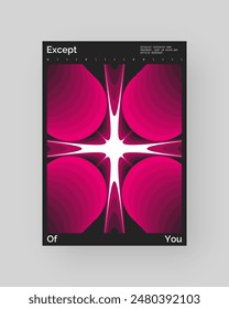 Abstract poster design. Vertical format wall art, interior mockup. Magenta, white, black composition. Geometric neon illustration with space and y2k style elements.