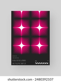 Abstract poster design. Vertical format wall art, interior mockup. Magenta, white, black composition. Geometric neon illustration with space and y2k style elements.