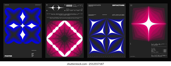 Abstract poster design. Vertical format wall art, interior mockup.  Magenta, blue composition. Geometric neon illustration with sci fi space and y2k style elements.