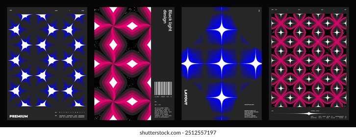 Abstract poster design. Vertical format wall art, interior mockup.  Magenta, blue composition. Geometric neon illustration with sci fi space and y2k style elements.