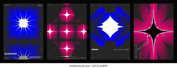 Abstract poster design. Vertical format wall art, interior mockup.  Magenta, blue composition. Geometric neon illustration with sci fi space and y2k style elements.