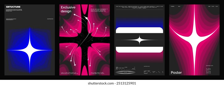 Abstract poster design. Vertical format wall art, interior mockup.  Magenta, blue composition. Geometric neon illustration with sci fi space and y2k style elements.