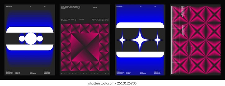 Abstract poster design. Vertical format wall art, interior mockup.  Magenta, blue composition. Geometric neon illustration with sci fi space and y2k style elements.