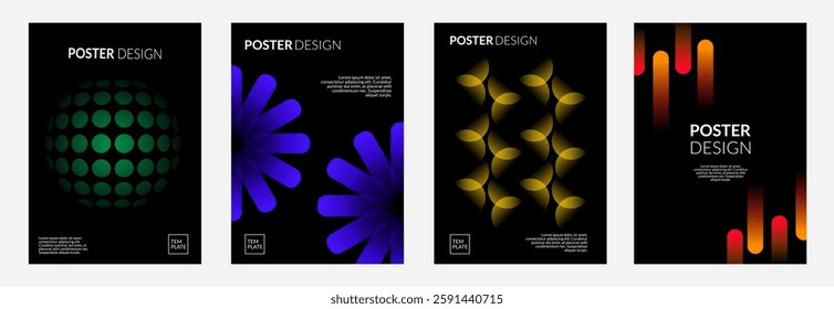 Abstract Poster Designs: A collection of four modern poster designs, each featuring bold geometric shapes in vibrant colors set against a black backdrop.