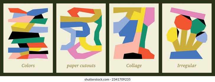 Abstract poster designs. Colorful and geometric backgrounds. Flat vector illustrations in paper cut style. Collage compositions. Organic and irregular artworks for wall art or postcard. Naive shapes.