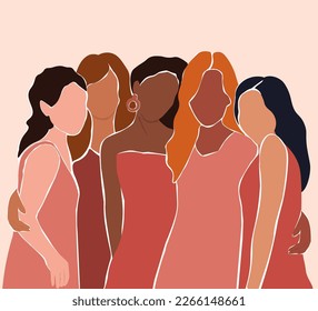 Abstract poster with different women. Beautiful females together force, hug. Vector graphics for postcards, flyers.