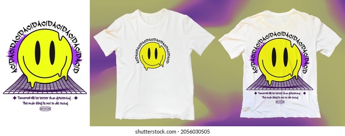 Abstract poster drips smile. Stylish White T-shirt, Fashion Streetwear prints on clothes, in Acid Graphic style, Trending designs