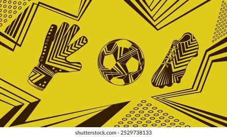 Cartaz abstrato com geometria dinâmica sobre fundo dourado. Equipamento desportivo com bola de futebol padrão, luvas de goleiro, bota de futebol. Modelo de arte pop, papel de parede da área de trabalho, textura decorativa, vetor