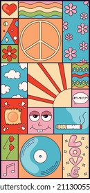 Abstract poster with elements of hippie style and the summer of love of the 70s, illustration in a cartoon trend style. Vector illustration