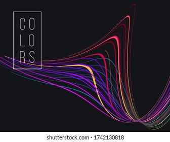 Abstract poster with equilizer lines in movement, bright neon curve, sound background