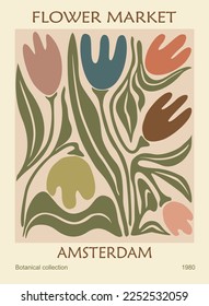 Abstract poster - Flower Market Amsterdam. Contemporary wall art, print with tulip floral design in danish pastel colors. Modern groovy funky hippy interior decoration, painting. Vector illustration.