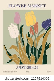 Afiche abstracto - Flower Market Amsterdam print. Arte mural botánico de moda con diseño floral en tonos pastel. Decoración moderna e ingenua, muy divertida, con cuadros. Ilustración de arte vectorial.