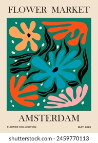 Abstract poster Flower Market Amsterdam. Trendy botanical wall art with floral design in vivid bright colors. Modern naive groovy funky interior decoration, painting. Vector art illustration.