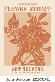 Abstract poster - Flower Market Art Nouveau . Trendy botanical wall art with floral design in risograph print style. Modern interior decoration, painting in terracotta colors. Vector art illustration.
