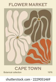 Abstract poster - Flower Market Cape Town. Trendy botanical wall art with floral design in earth tone colors. Modern hippie naive groovy funky interior decoration, painting. Vector illustration.