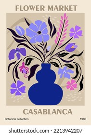 Abstract poster - Flower Market Casablanca. Trendy botanical wall art with floral design in blue and purple colors. Modern hippie naive groovy interior decoration, painting. Vector art illustration.