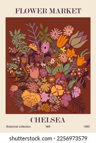 Abstract poster - Flower Market Chelsea print. Trendy botanical wall art with floral design in bright colors. Modern naive groovy funky interior decoration, painting. Vector art illustration.