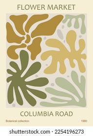 Abstract poster - Flower Market Columbia Road. Trendy botanical wall art with floral design in sage green colors. Modern naive groovy hippy funky interior decoration, painting. Vector illustration.