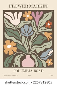 Abstract poster - Flower Market Columbia Road. Trendy botanical wall art with floral design in danish pastel colors. Modern naive groovy funky interior decoration, painting. Vector art illustration.