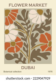 Abstract poster - Flower Market Dubai. Trendy botanical wall art with floral design in earth tone sage green colors. Modern hippie naive groovy funky interior decoration, painting. Vector illustration