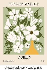 Abstract poster - Flower Market Dublin . Trendy botanical wall art with floral design in danish pastel colors. Modern hippie naive groovy funky interior decoration, painting. Vector art illustration.