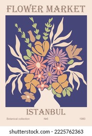 Abstract poster -flower market Istanbul. Botanical wall art with floral design in trendy colors. Modern naive groovy funky interior decoration, painting. Vector illustration, cover, background. 