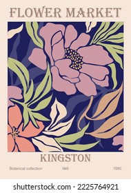 Abstract poster - flower market Kingston. Botanical wall art with floral design in trendy colors. Modern naive groovy funky interior decoration, painting. Vector illustration, cover, background.