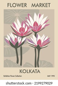 Afiche abstracto - Impresión de Kolkata en el mercado de flores. Arte mural botánico de moda con diseño floral en tonos verde sabio. Decoración moderna e ingenua, muy divertida, con cuadros. Ilustración de arte vectorial.