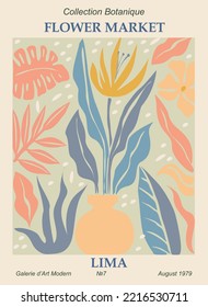 Abstract  poster - Flower Market Lima.  Trendy botanical wall art with floral design in blue and yellow pastel colors. Modern naive groovy funky interior decoration, painting. Vector illustration.