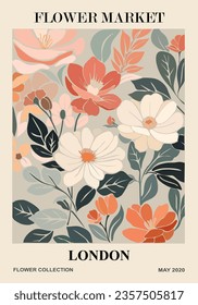 Abstract poster Flower Market London print. Trendy botanical wall art with floral design in danish pastel colors. Modern naive groovy funky interior decoration, painting. Vector art illustration