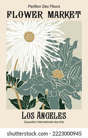 Abstract poster - Flower Market Los Angeles. Trendy botanical wall art with floral design in sage green colors. Modern art nouveau vintage interior decoration, painting. Vector art illustration.