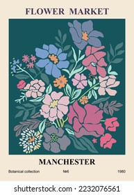 Abstract poster - Flower market Manchester. Trendy botanical wall art with floral design in bright colors. Modern naive groovy funky interior decorations, paintings. Vector art illustration.