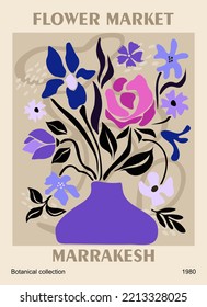 Abstract poster - Flower market Marrakesh. Trendy botanical wall art with floral design in blue and purple colors. Modern hippie naive groovy funky interior decoration, painting. Vector illustration.